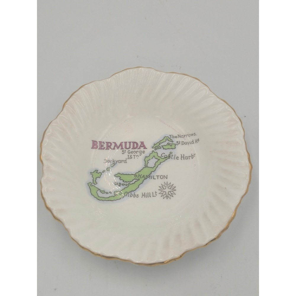 Stanley Trinket Dish Unisex 4.25" White Good Bermuda Map Gold Gilt Bone China